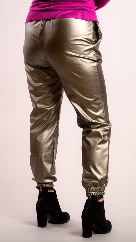 Pantalon simili cuir avec coulisse et poches à élastique - Argent